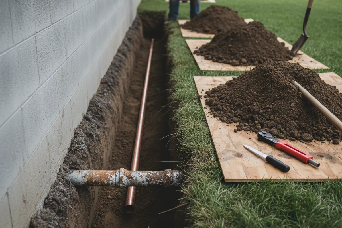 Excavated water line trench during Sewer Line Repair in Galena Park